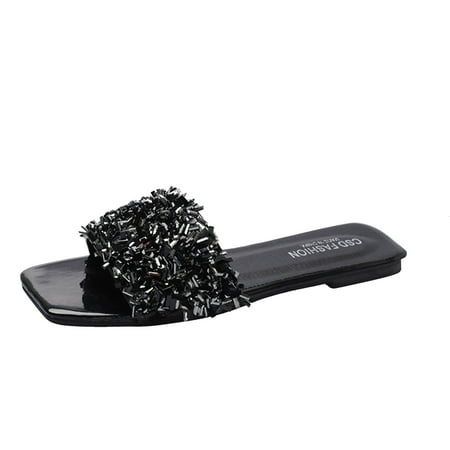 

TUOBARR Beach Slippers for Women Women s Fashion Shiny Sequins Sandals Summer Flat Heel Slippers Casual Shoes Black