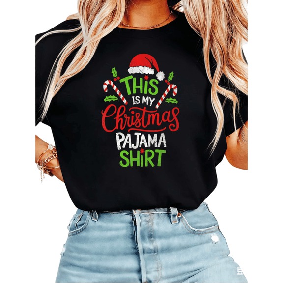 Women This Is My Christmas Pajama Graphic Tees Cotton Crew Neck Printed T-Shirt Tops Black S-5XL