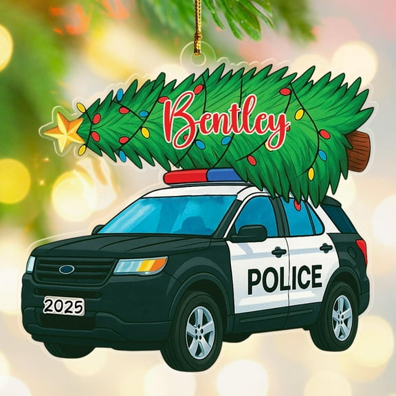 Personalized Police Car Christmas Ornament 2025, Awesome Shaped Xmas Ornament Gift for Car Lover Children Kids Son Daughter Grandson Granddaughter, Customized Name Police Cars Keepsake Xmas Ornaments