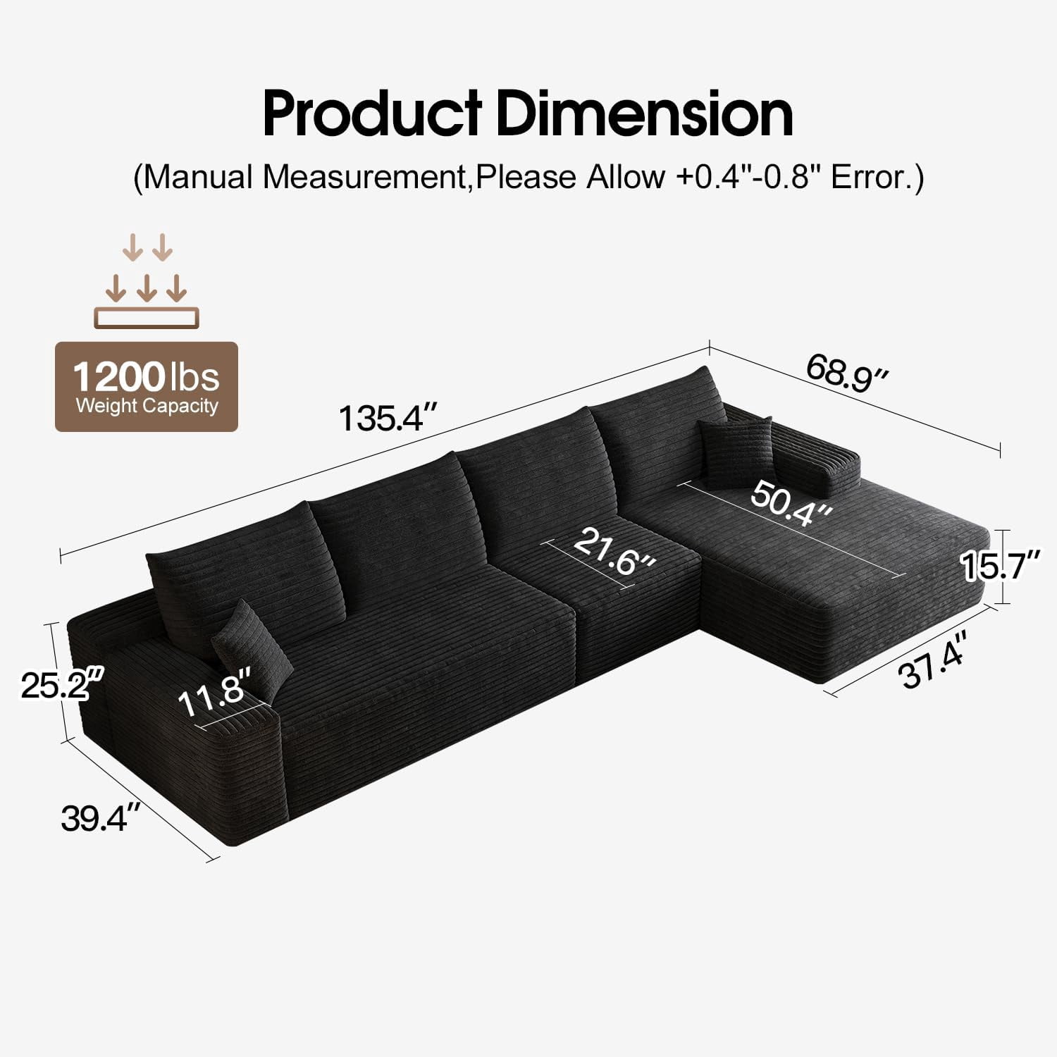 Sailvan 135" Cloud Sectional Couch, Cloudy Sofa with L-Shape Chaise, Upholstered Couches for Living Room & Bedroom, No Assembly Required, Plush Corduroy Fabric, Black