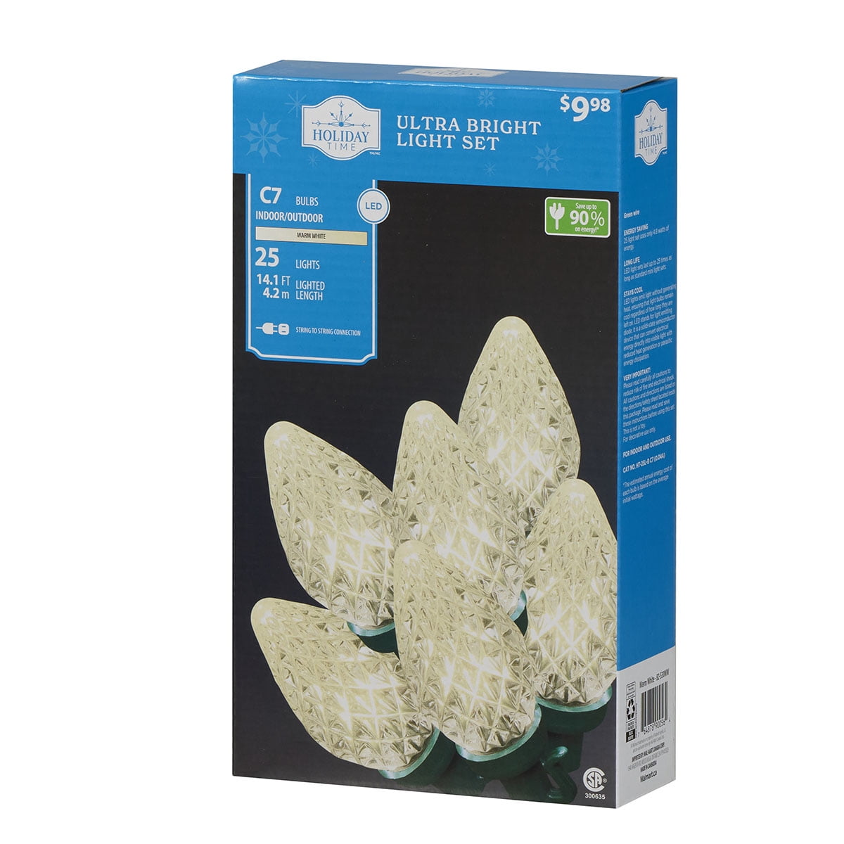 Holiday Time 25-Count Warm White Ultra Bright Diamond-Cut LED C7 Christmas Lights, with Green Wire, 14.1'