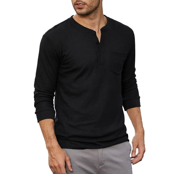 Coshow Men's Long Sleeve Henley T Shirt Classic Fit Waffle Pique T Shirt with Chest Pocket Pullover