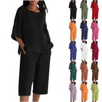 Bloomae Plus Size Two Piece Lounge Sets for Women Loose Soft Cotton Linen Outfits Casual 3/4 Lenght Sleeve Side Slit T-Shirts Tops and Capri Pants with Pockets Wine XXXXL