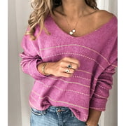 Women's Fashion Solid Color Knitted Sweater Casual Striped V-neck Shirt