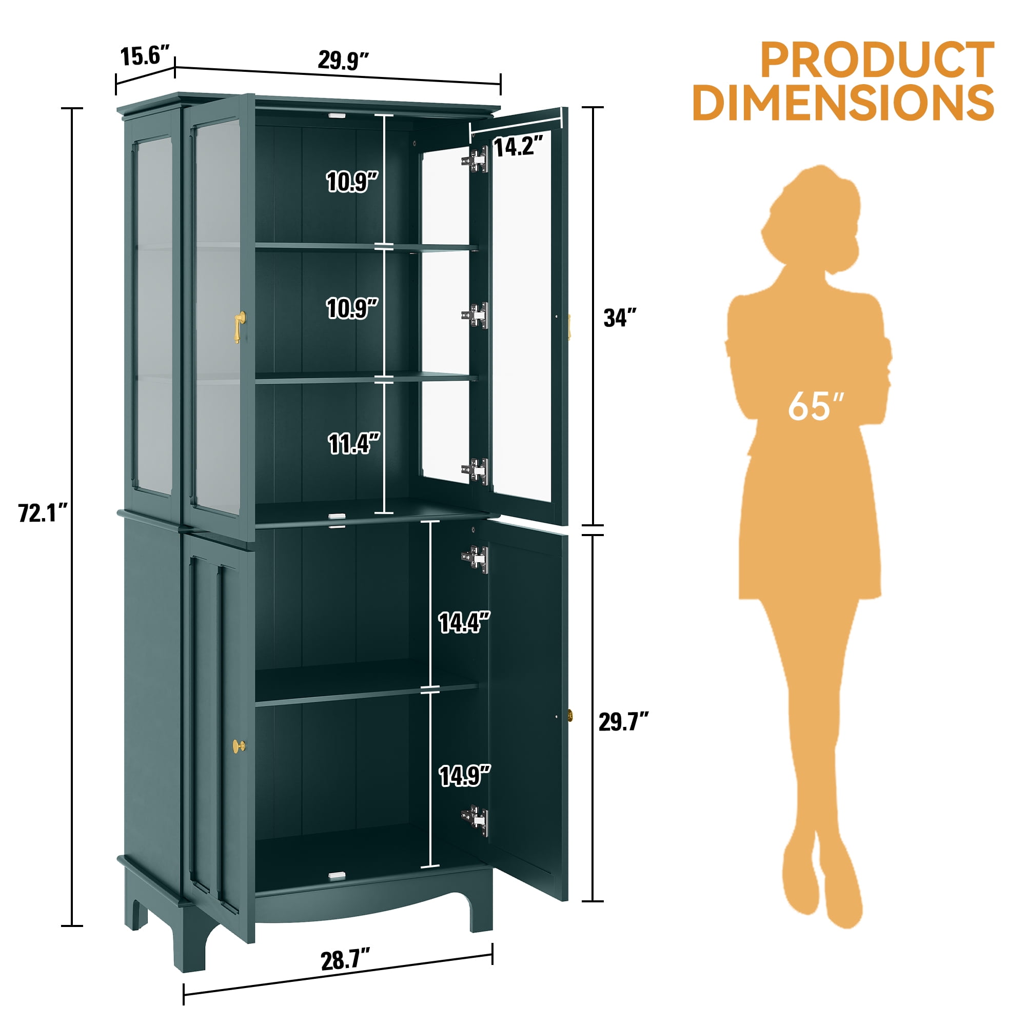 HLR 72 Freestanding Kitchen Pantry Storage Sideboard with Adjustable Shelves, Glass Display Cabinet, Dark Teal