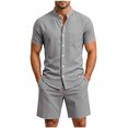 thumbnail image 2 of Maqroz 2 Piece Linen Shorts Set for Men Button Down Short Sleeve Shirt Elastic Waist Shorts Fashion Solid Casual Breathable Daily Wear with Pockets, 2 of 9