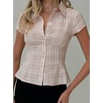 thumbnail image 3 of Women Y2k Short Sleeve Button Up Shirt Lapel Collar V Neck Plaid Open Front Blouse Basic Casual Going Out T-Shirt Pink M, 3 of 8