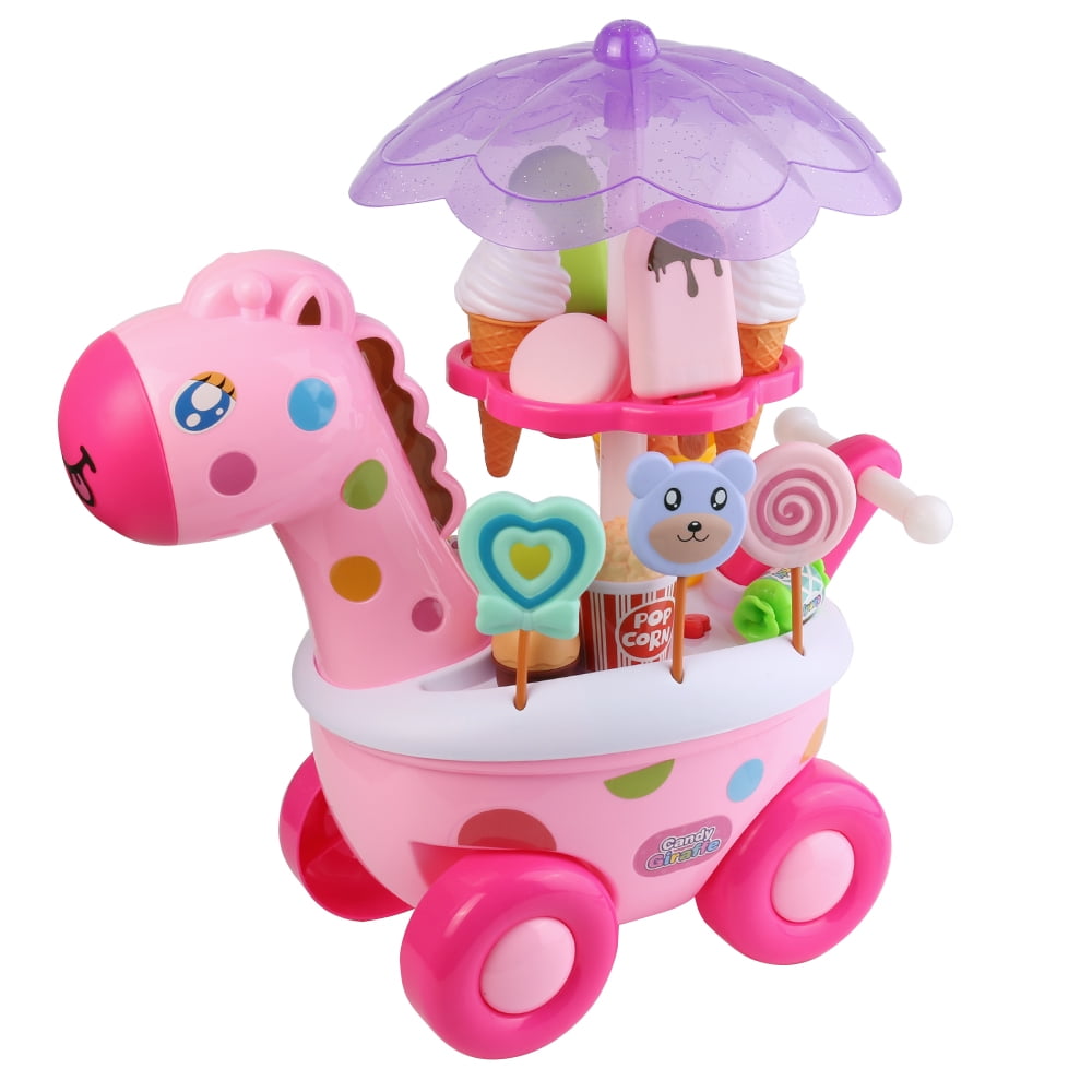 Candy Ice Cream Trolley Toy Set Giraffe Food Cart Shop With Music Light For Kid 