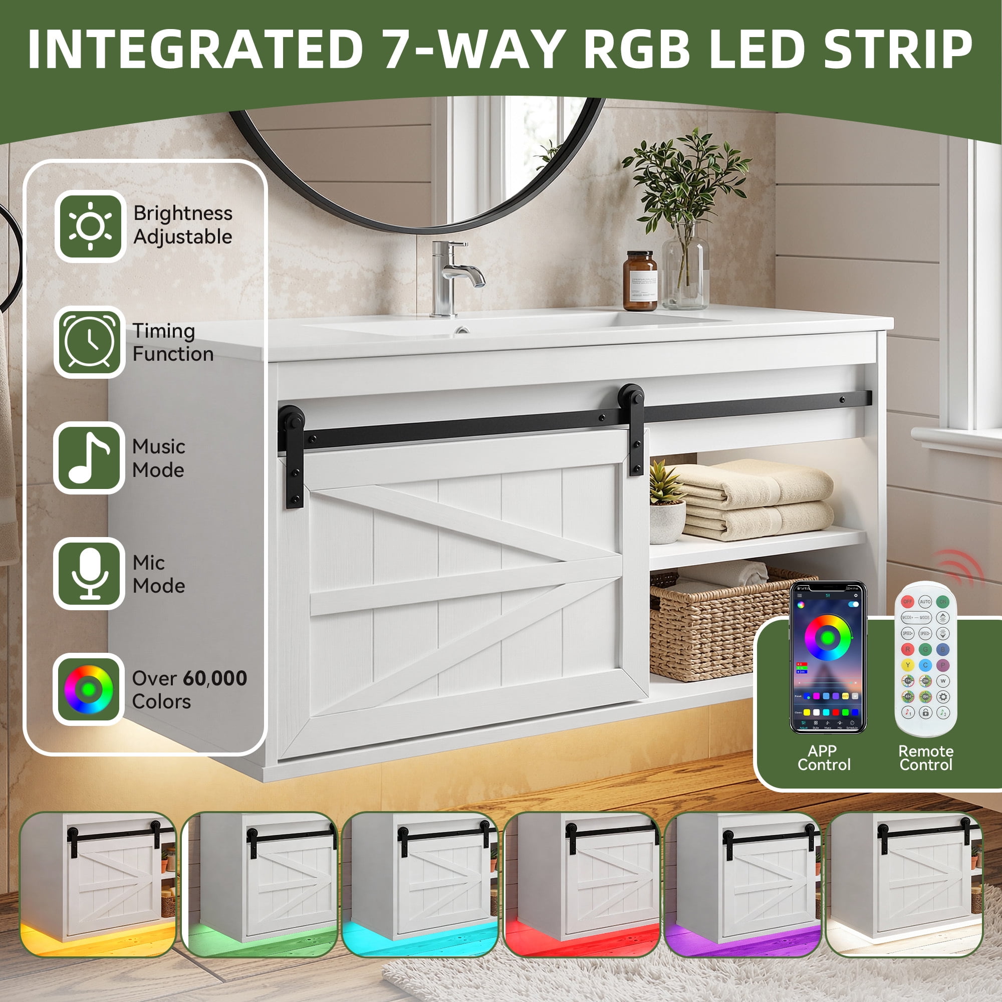 Uforic 36 Inch Farmhouse Floating Bathroom Vanity with Ceramic Sink, 7-Color LED Ambient Light for Bathroom Decor, White