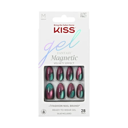 KISS Gel Fantasy Magnetic Press On Nails, ‘Moonlit Veil’, Black, Short Oval, 28 Count
