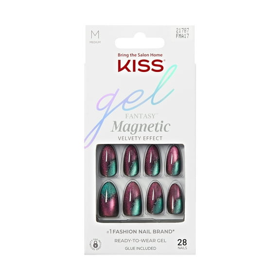 KISS Gel Fantasy Magnetic Press On Nails, ‘Moonlit Veil’, Black, Short Oval, 28 Count