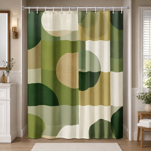 Mid Century Modern Sage Green Circles Geometric Shower Curtain Boho Minimalist Abstract Shapes Waterproof Bath Curtain