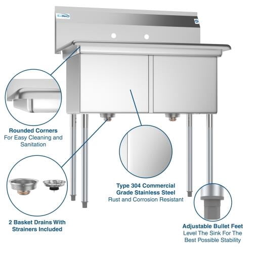 Koolmore SB151512-N3 2 Compartment Stainless Steel Commercial Kitchen Prep & Utility Sink - Bowl Size 15 X 15 X 12"