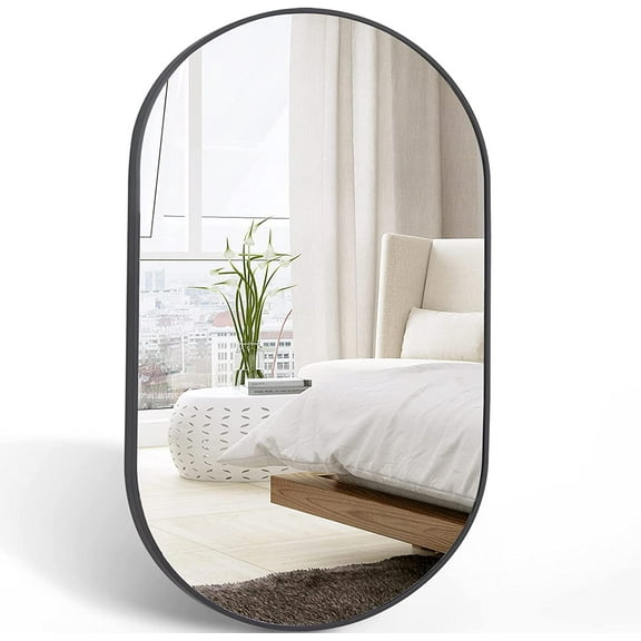 Black 20x28 Inch Oval Metal Wall Mirror | Modern & Contemporary Style | Brushed Aluminum Frame | Shatterproof HD Glass | Easy Installation for Living Room, Bedroom, Bathroom