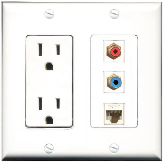 RiteAV - 15 Amp Power Outlet 1 Port RCA Red 1 Port RCA Blue 1 Port Cat6 Ethernet Ethernet White Decorative Wall Plate