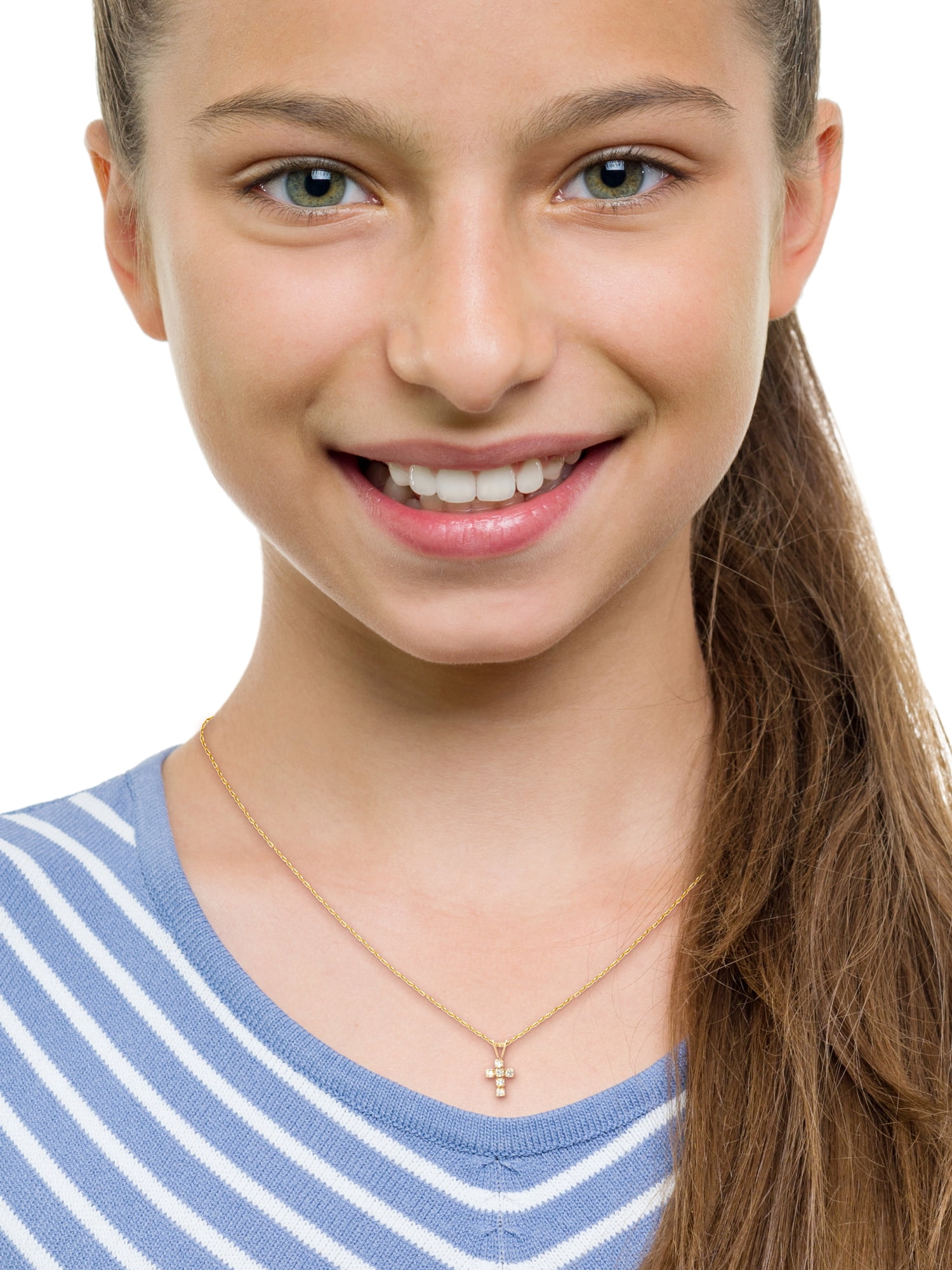 Brilliance Fine Girl’s/Tween 14K Yellow Gold CZ Cross Pendant, 18” Chain