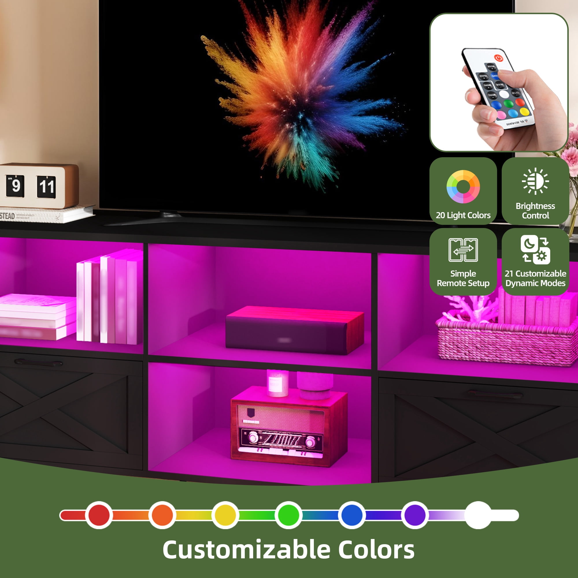 Uforic Modern TV Cabinet with Vibrant LED Lights, 70" Entertainment Center, Fits TVs up to 80", Black