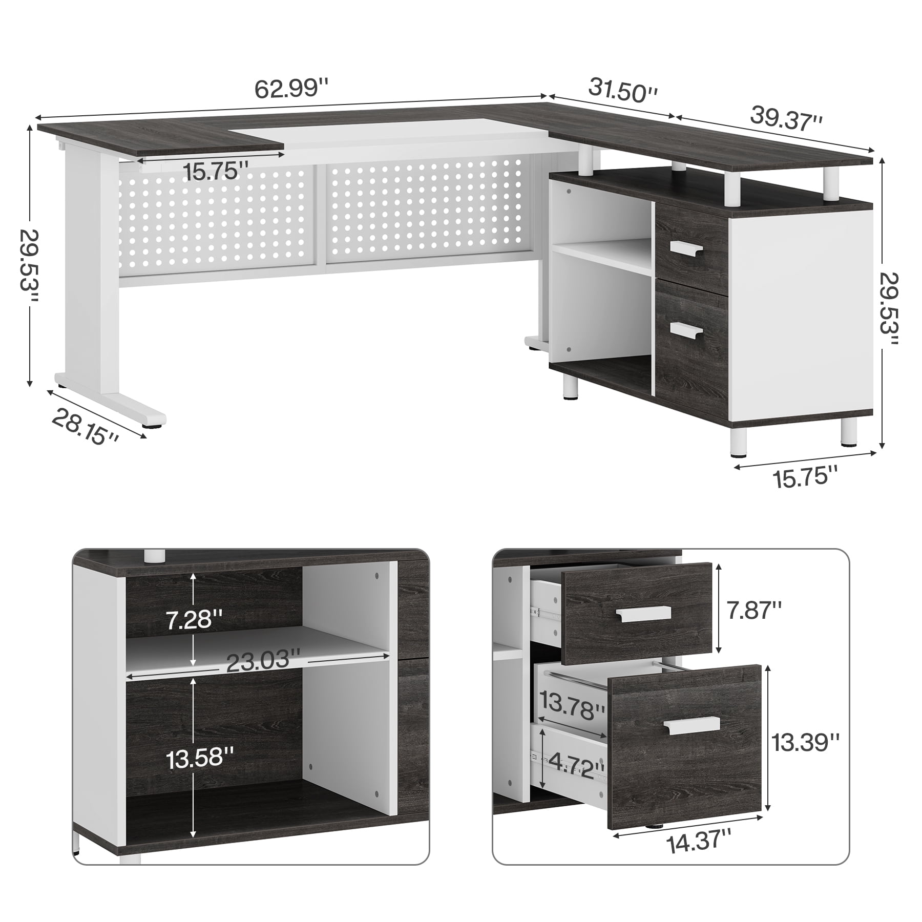 Tribesigns 63 Inch Executive Desk with File Cabinet, L Shaped Computer Desk with Drawers and Storage Shelves, Large Office Desk Business Furniture Desk Workstation for Home Office, Gray and White