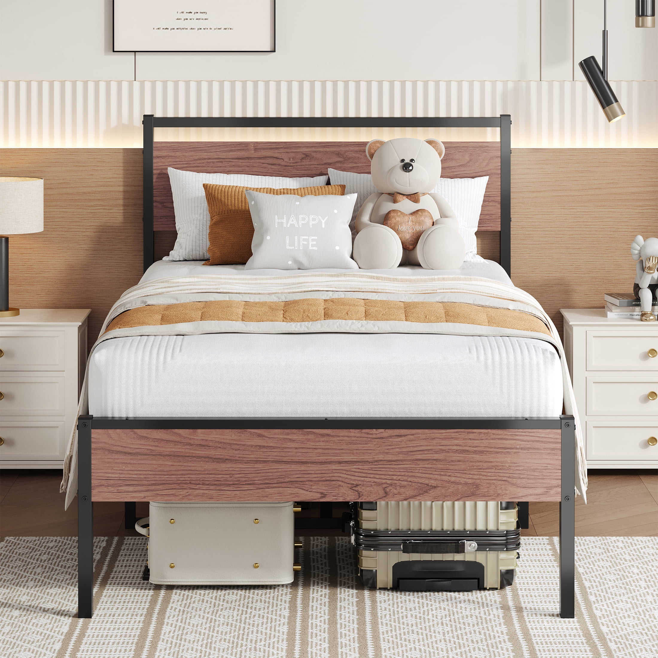 PAPROOS Twin Bed Frame, Metal Twin Bed with Wooden Panel Headboard, Platform Bed with Underbed Storage, Twin Size Metal Bed Frame, No Box Spring Needed, Rustic Brown