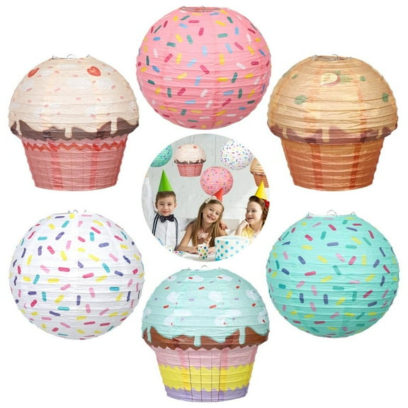 6Pcs 12inch Donut Paper Lanterns, Hanging Cake Paper Lanterns, Cupcake Ice Cream Ornaments for Birthday Party, Baby Shower, Celebration, Anniversary, Party Decorations