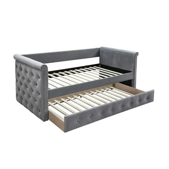 Edra Classic Wood Upholstered Day Bed with Trundle, Tufted Gray Burlap- Saltoro Sherpi