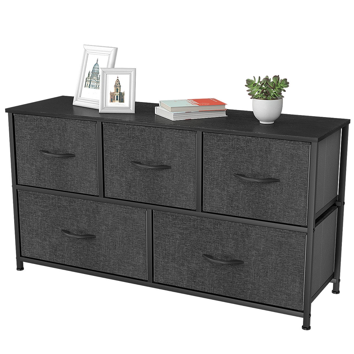 DWVO Wide Bedroom Dresser 5 Drawers Shelf Organizer Black Chest