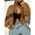 thumbnail image 4 of Women Mock Neck Long Sleeve Button Cropped Leather Jacket Casual Biker Moto Jacket Fall Outerwear Khaki XL, 4 of 5