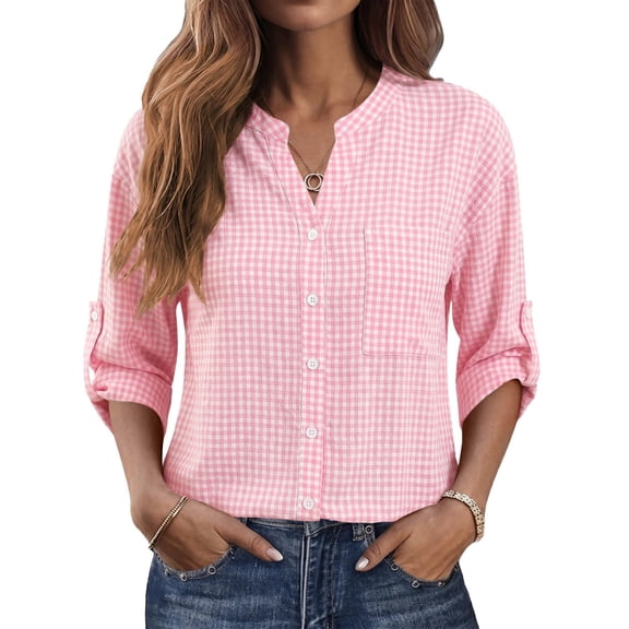 Women's Button Down Shirts V Neck Long Sleeve Tops Casual Work Shirt with Pocket S-2XL