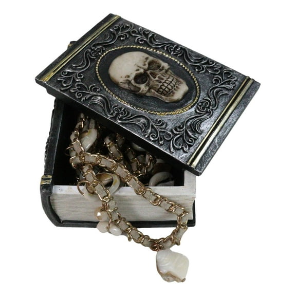 Gothic Skull Face With Scrollwork Book Shaped Decorative Trinket Box