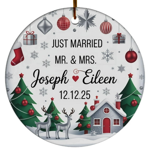 Choose Names & Dated Just Married Christmas Ornament Gift for Wedding Engaged, Mr Mrs Tree, Customized Xmas 2025, Circle Christmas Ornament, Xmas 2025 Keepsake, Keepsake Gift