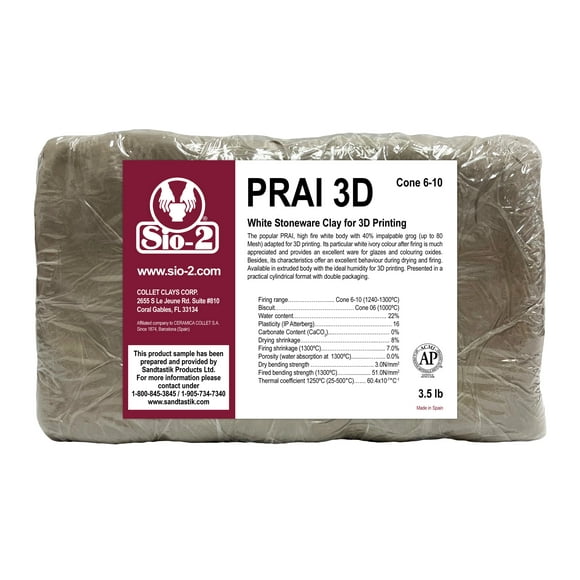 SIO-2 PRAI3D White Stoneware Ceramic Clay for 3D-Printing | 3.5 lb, Cone 6-10 | High Fire Kiln-Fired Clay