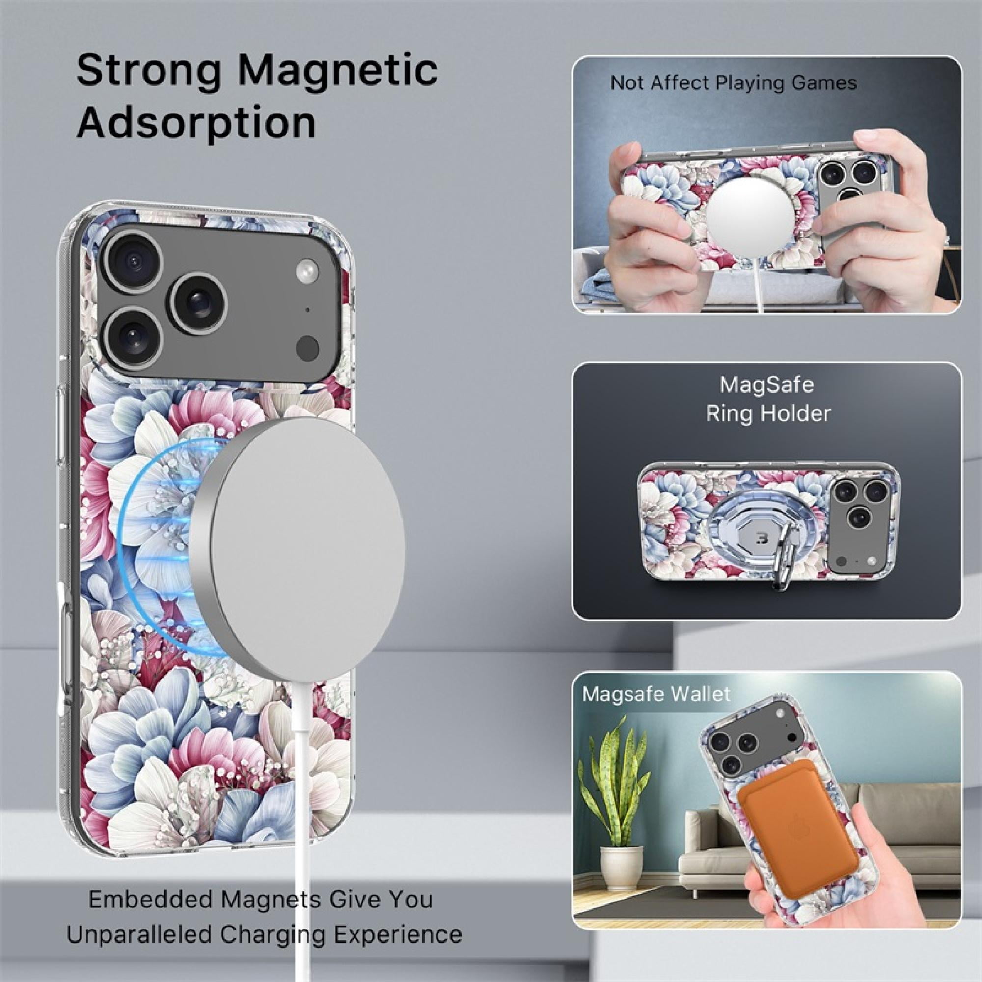 Mood Series Diamond Case Floral Gems for iPhone 17 Pro Max – Magnetic Charging Compatible, Slim Dual-Layer Shock Resistant Protection with Raised Bezel