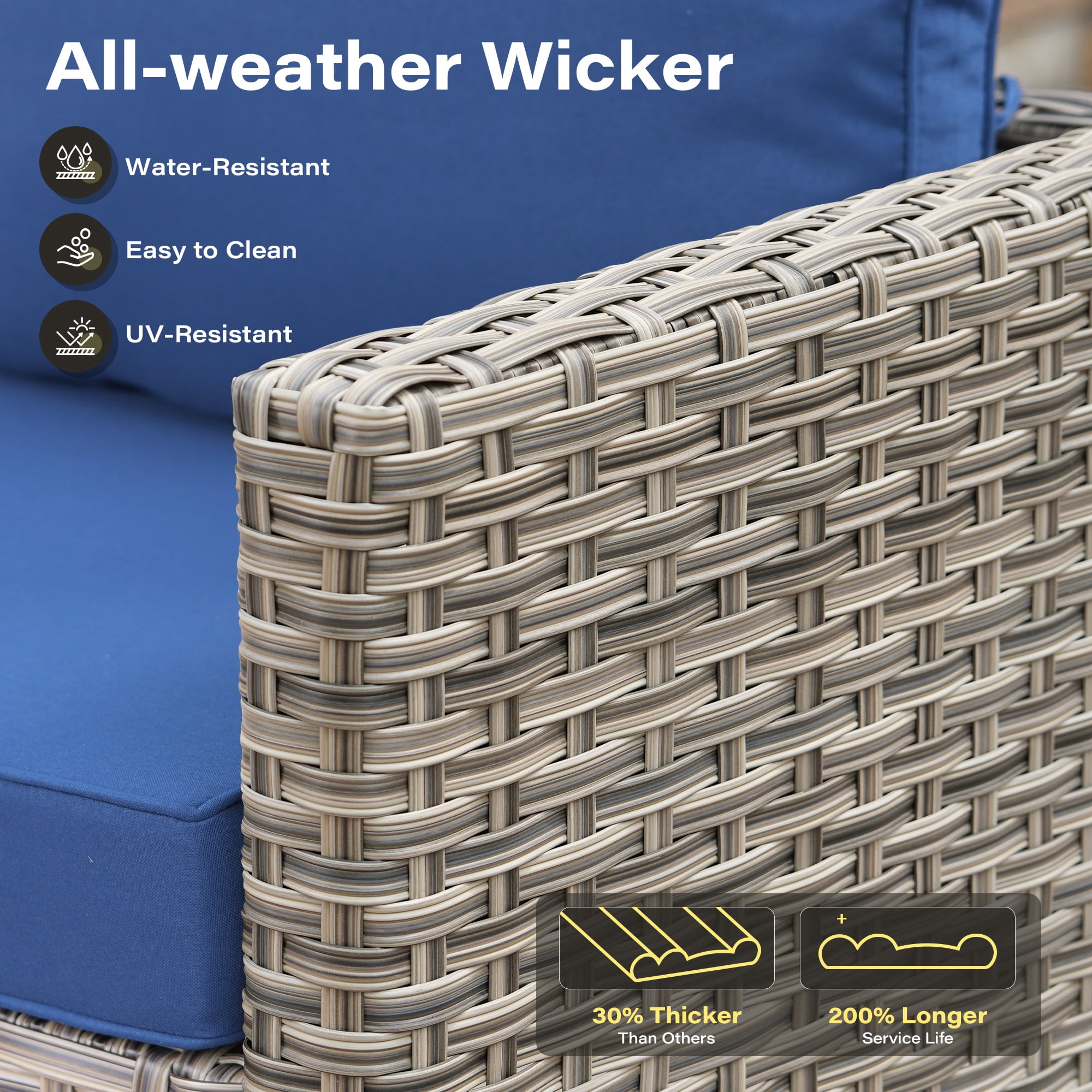 Toject Patio Furniture 8 Pieces All Weather Wicker Patio Conversation Set with Solar Powered Coffee Table Outside Furniture Outdoor Sectional with Swivel Chairs for Backyard, Navy Blue
