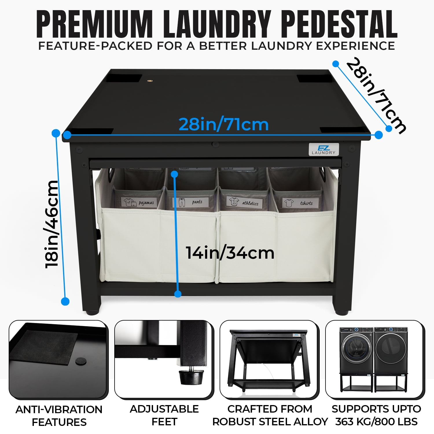 EZ Laundry Pedestal Steel 28" x 18" Base with Pull-Out Tray for Front Load Machines Black