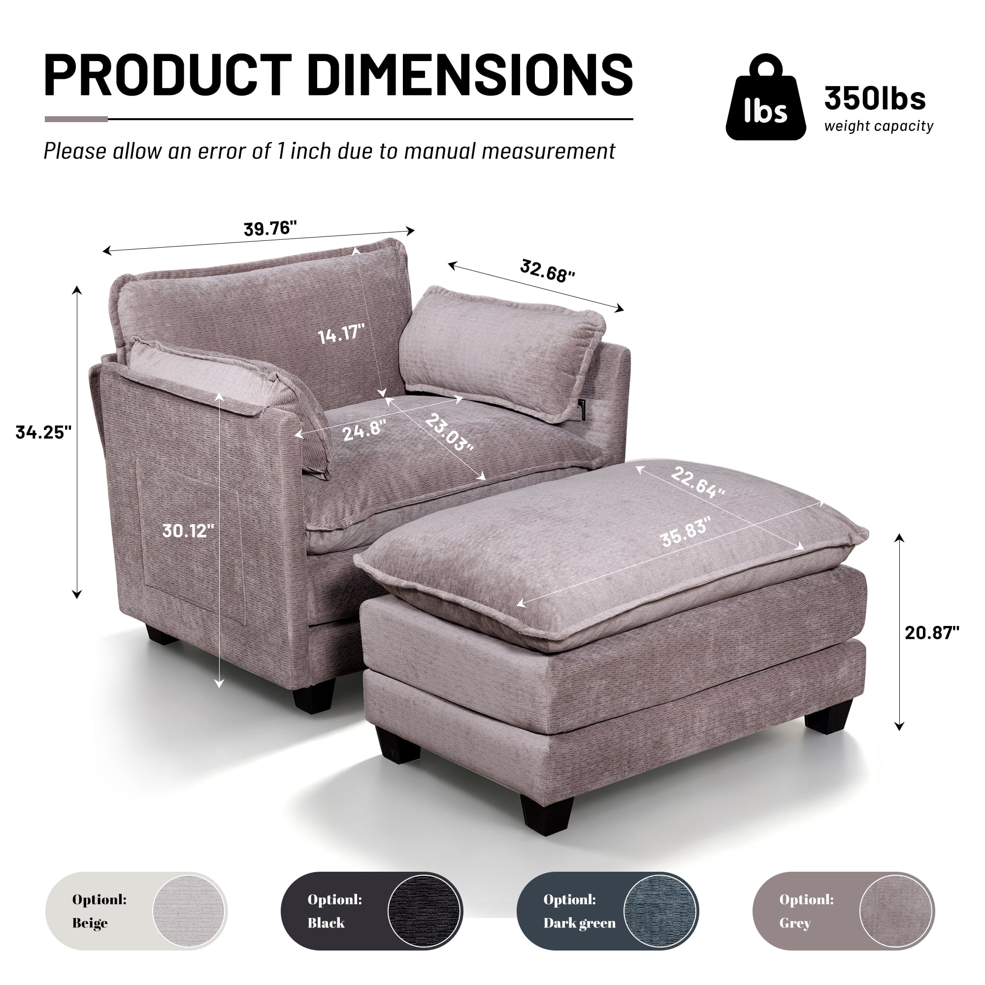 39.76" Oversize Accent Chair wirh Ottoman Armchair Set with Side Pocket