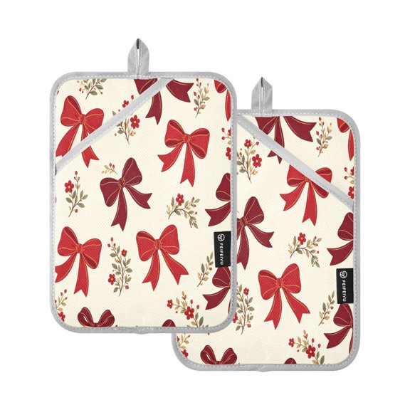 Two Pieces Of Square Heat Insulation Pad Oven Mitts Red Bow Holly Leaves 7x9.8 Inch Oven Microwave Kitchen Cooking Baking