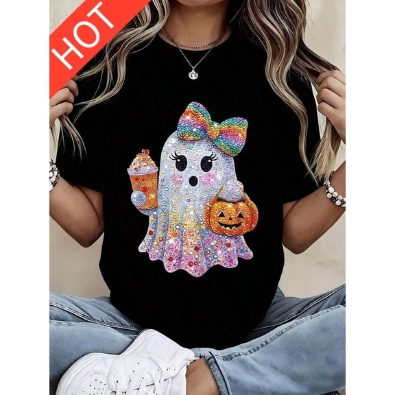 Rhinestone Ghost Print T Shirt Rainbow Bowknot Pumpkin Cup Sequin Cartoon Halloween Party Casual Cotton Men's Women's Tee Shirt