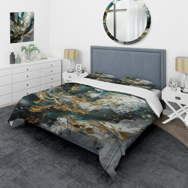 Designart "Ink On Stone Gold Teal Elegance" Abstract Bedding Covert Set - Modern Gold Transitional Bed Set With 1 Sham