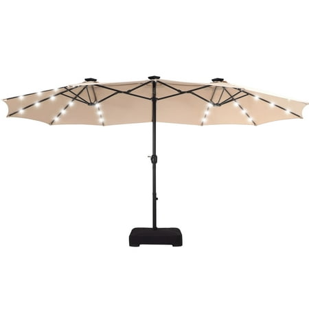 Summit Living 15ft Double-Sided Solar Patio Umbrella with Base (Included) Large Outdoor Umbrella with Solar Lights Beige
