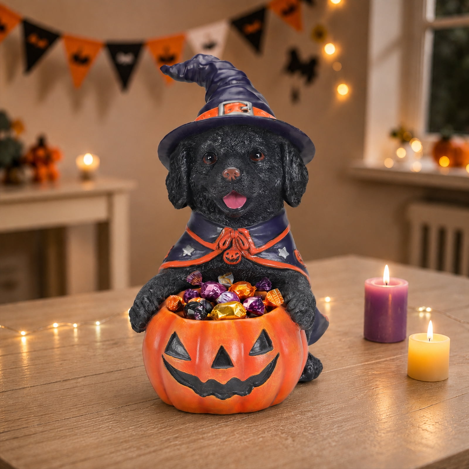 Labrador Puppy Halloween Candy Bowl with Witch Costume Pumpkin Holder Resin Tabletop Decor