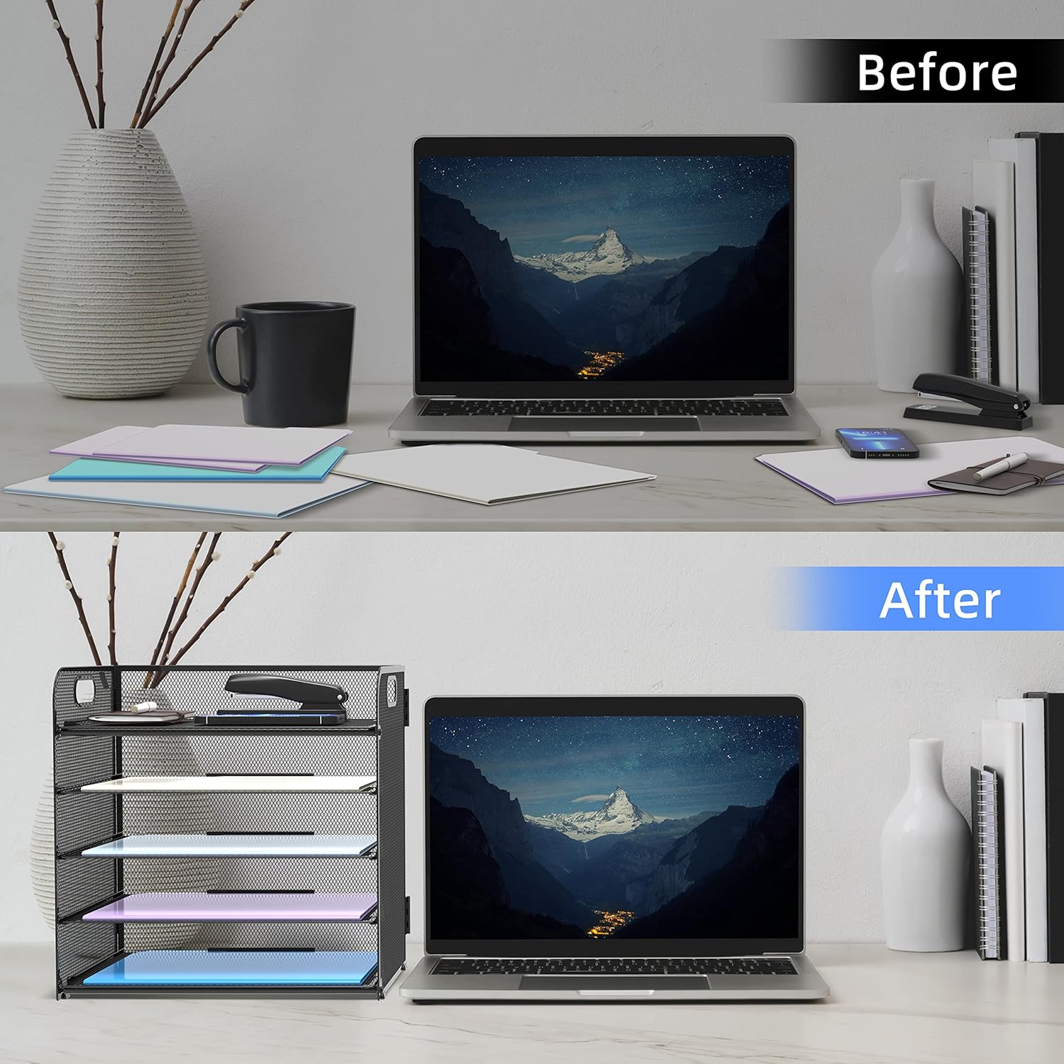 INTIGE 5-Tier Desk Organizer with Handle Mesh Desk File/Paper Organizer Letter Tray for Office