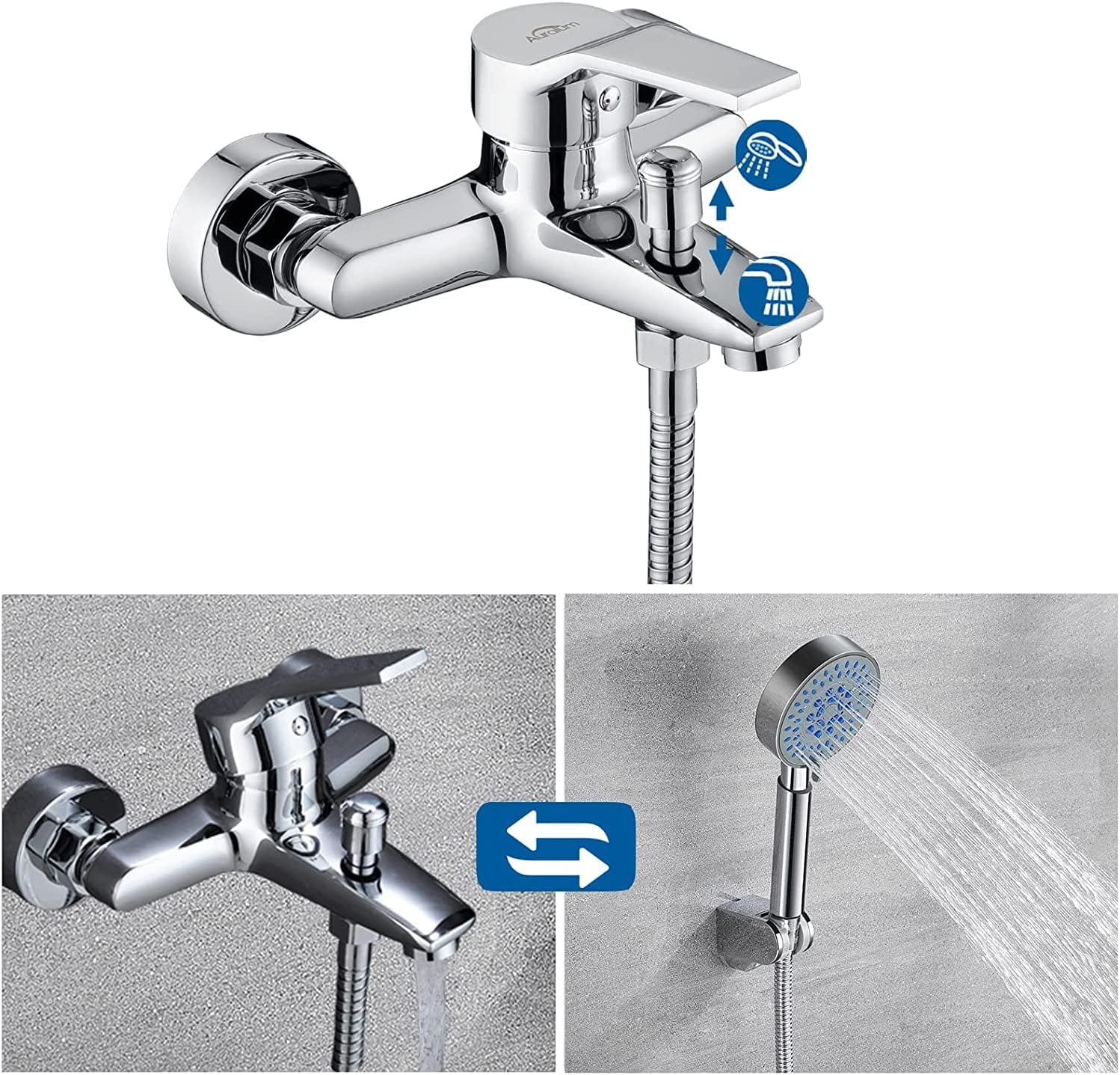 Bathtub Faucet With Hand Shower Chrome, Waterfall Shower Mixer With Bracket And Hose 150Cm Wall Mounted Bath Faucet For Bathroom