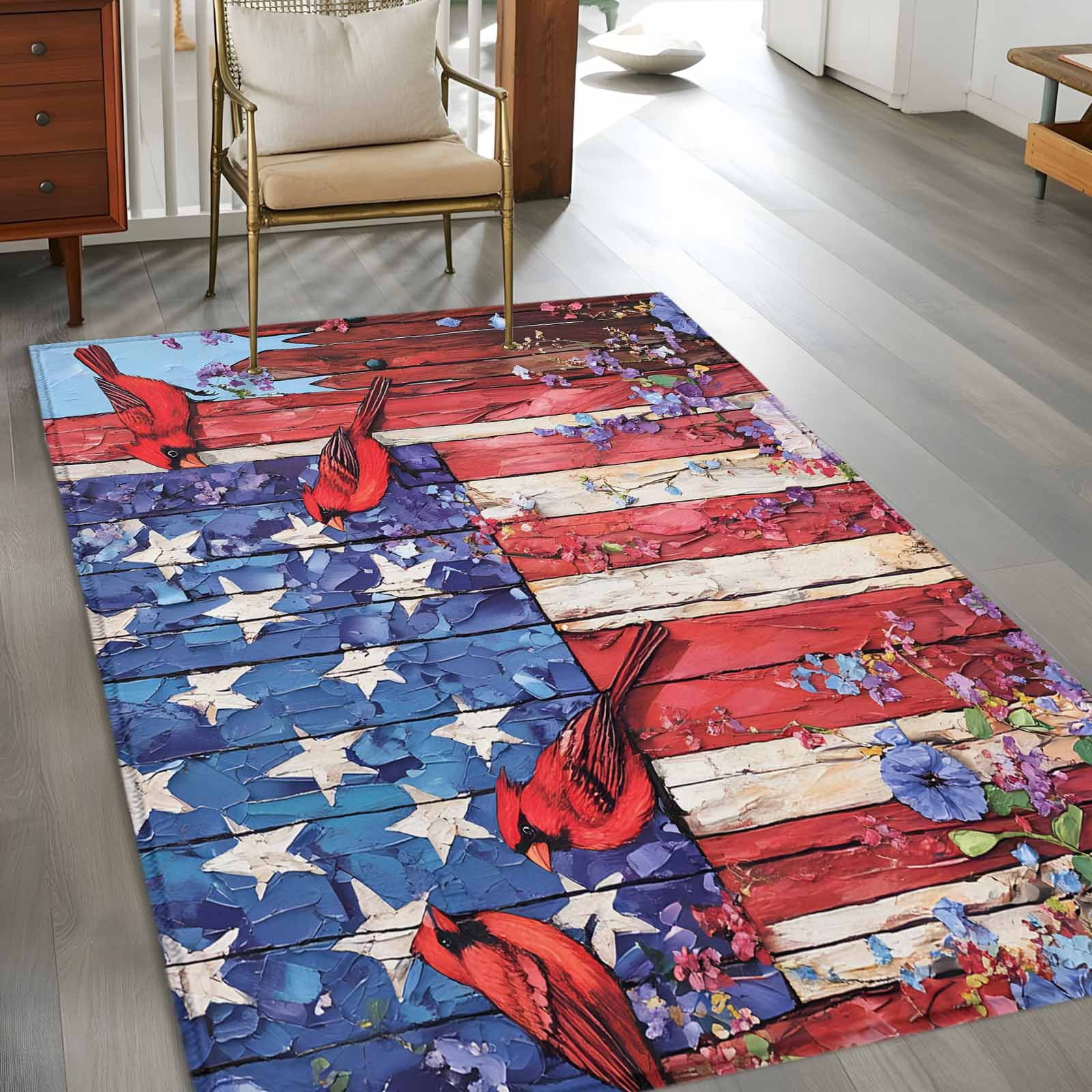 3'x5' Area Rugs, American Flag Indoor Outdoor Area Rug for Living Room Bedroom, Red Blue Star Stripe Patriotic Floral Bird Washable Bathroom Rugs Kitchen Floor Carpet Mats Home Decor Aesthetic