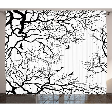 Nature Decor Curtains 2 Panels Set, Birds Flying over Twiggy Tree Branches Stylish Autumn Season Sky View Art, Window Drapes for Living Room Bedroom, 108W X 84L Inches, Black White, by (Best Way To Keep Birds From Flying Into Windows)