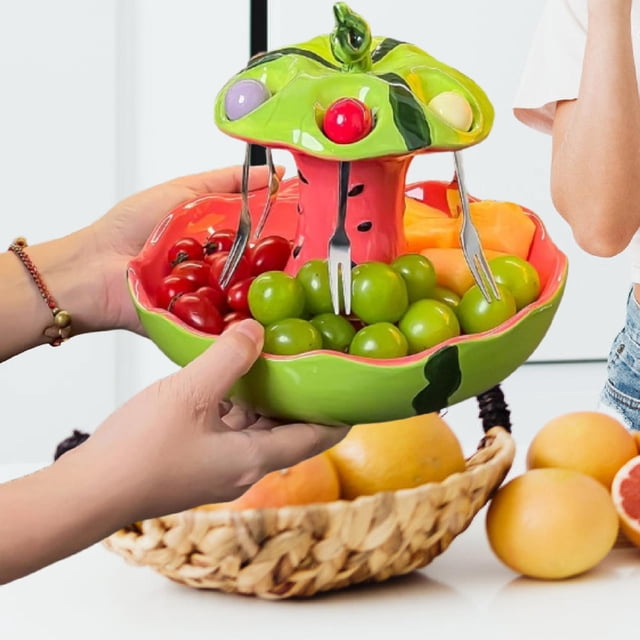 Elodie Ceramic Fruit Plate Serving Tray Storage Organizer Multifunctional Decoration Fruit Fork Set for Table Centerpiece Desk Party Watermelon 21cmx18cm