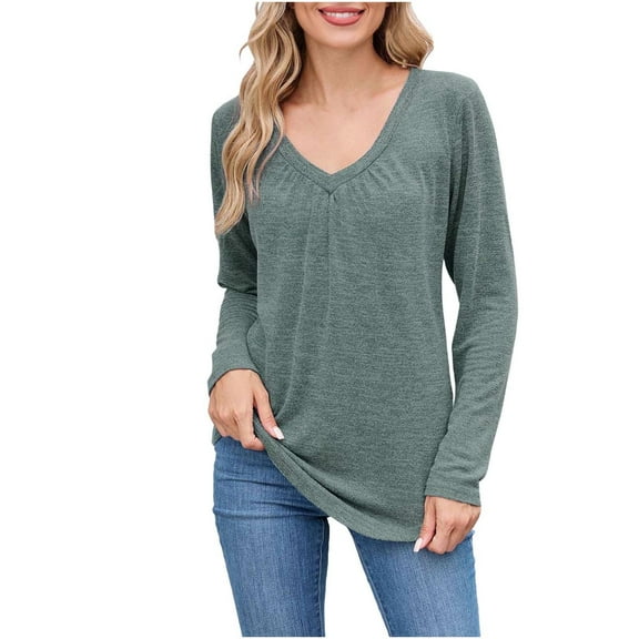 STETMN V Neck T-Shirt for Women Casual Long Sleeve Pleated Tops Loose Fit Fall Pullover Shirt