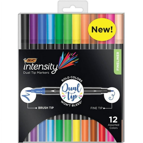 BIC Fineliner 2-in-1 Dual Tip Markers - Fine, Broad Marker Point - Assorted Water Based Ink - 12 / Pack | Bundle of 2 Packs