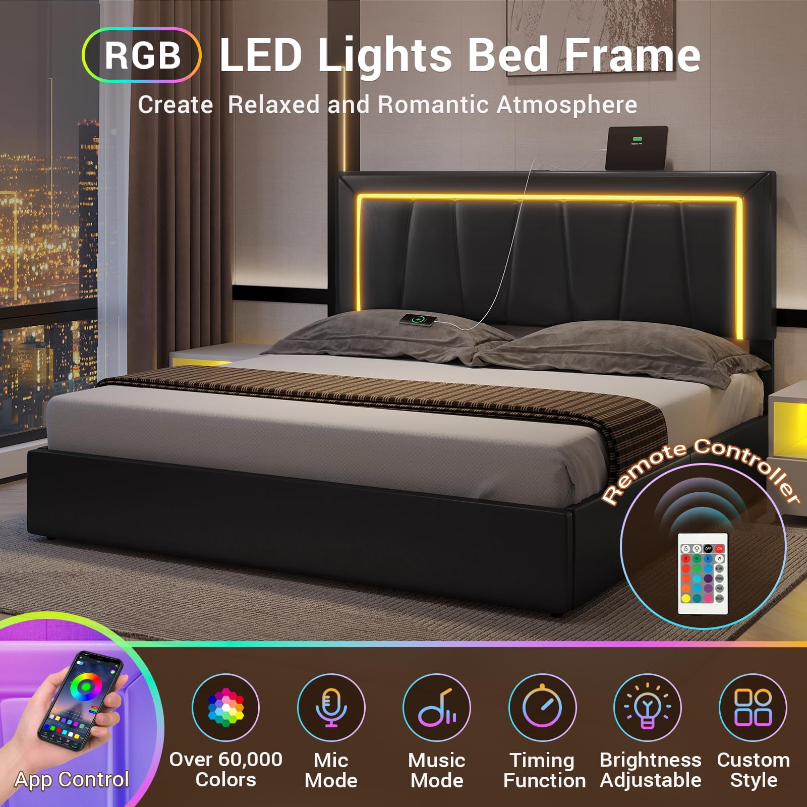 California King Bed Frame with 4 Storage Drawers & USB Ports & LED Headboard, Faux Leather Upholstered Platform Bed Frame with 3 Side Light Strip, No Spring Needed, Black