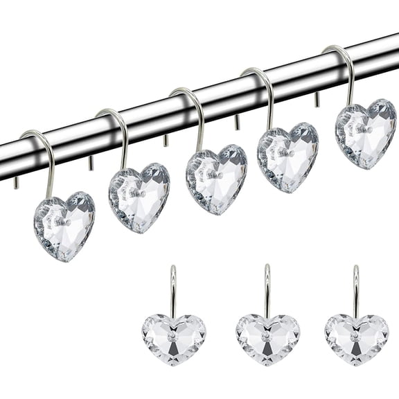 Actpe Decorative Crystal Heart Shape Shower Curtain Hooks Rust Resistant Hooks Glide Shower Ring Hangs Holder Bling for Bathroom, Pack of 12