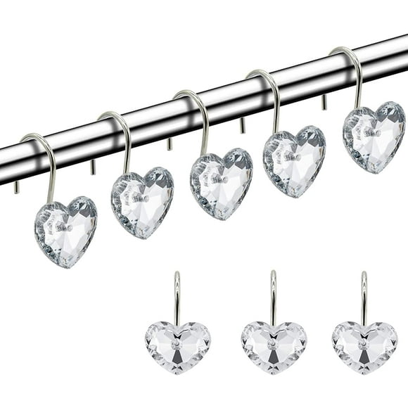 Decorative Crystal Heart Shape Shower Curtain Hooks Rust Resistant Hooks Glide Shower Ring Hangs Holder Bling for Bathroom, Pack of 12
